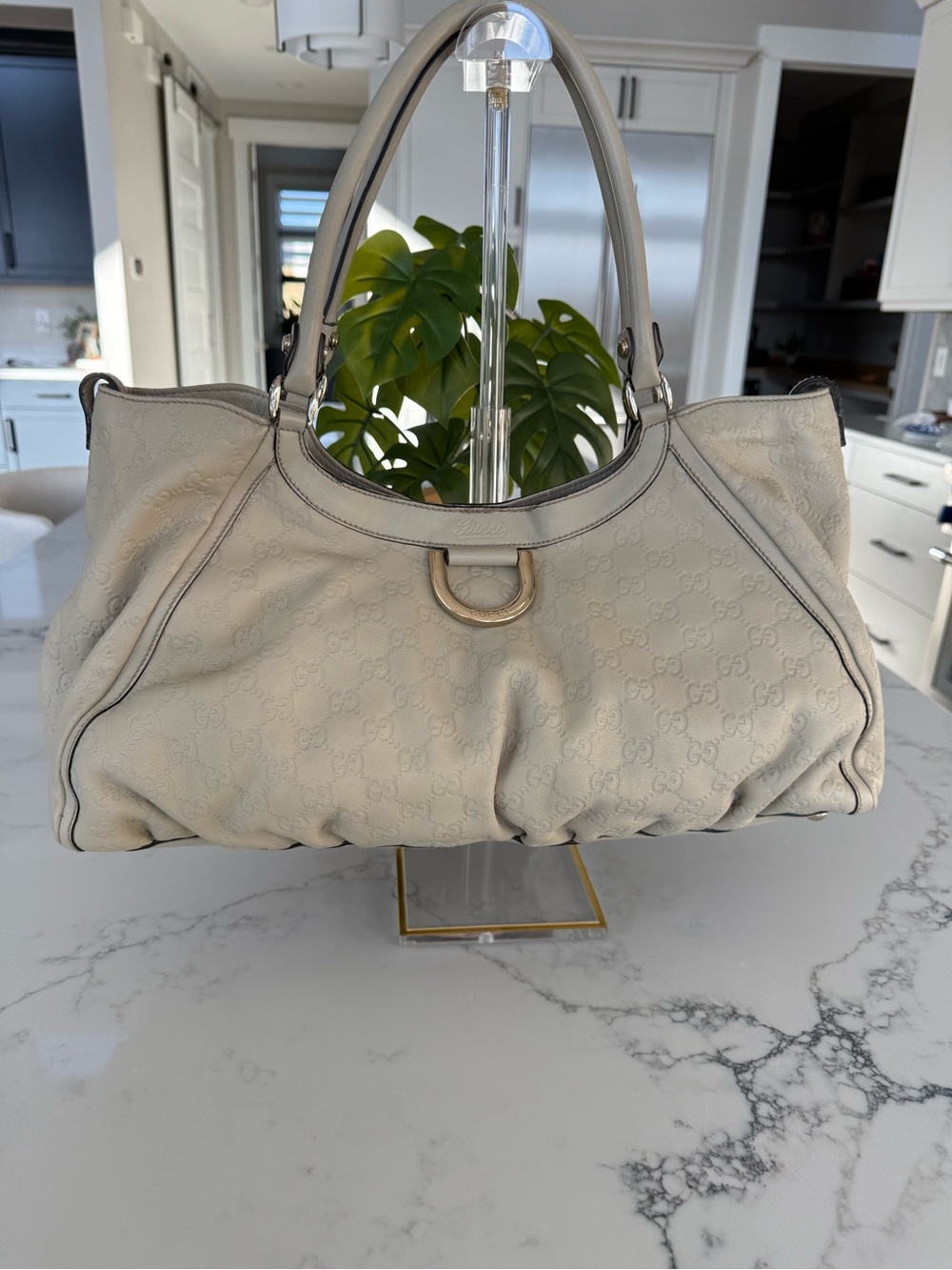 Authentic Gucci Guccissima D-Ring Large Hobo Shoulder Bag Ivory Leather